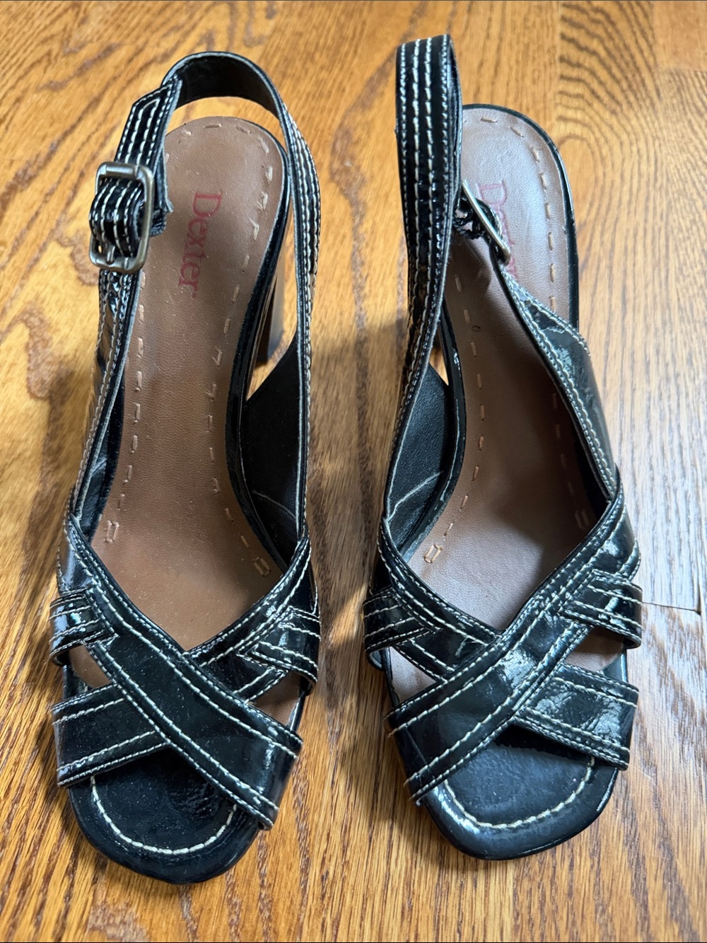 Dexter Black Slingback Peep-Toe Heels with White Stitching